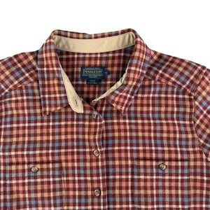 Pendleton Wool Plaid Long Sleeve Button Up Shirt Women XL Red Blue Tan